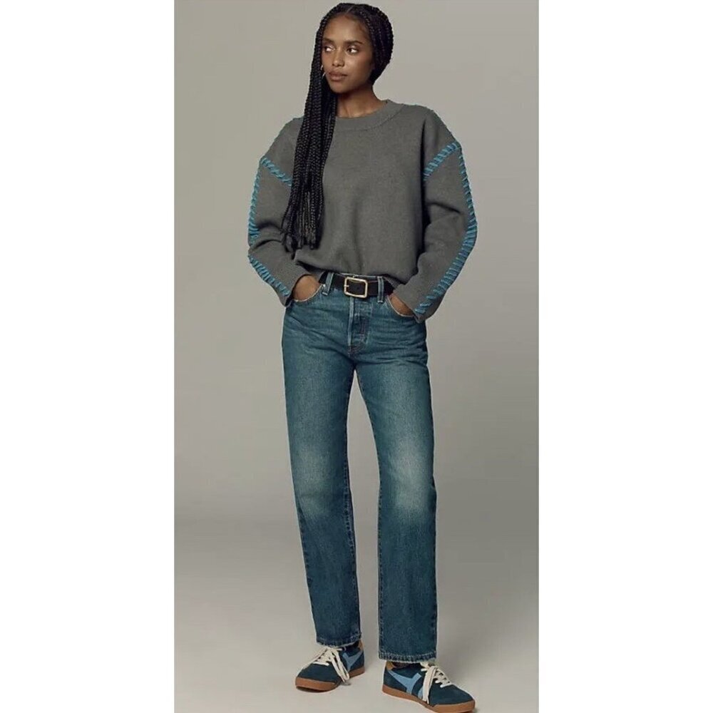 English Factory Women's Sz S Whip Contrast Stitch Gray Blue Pullover Sweater